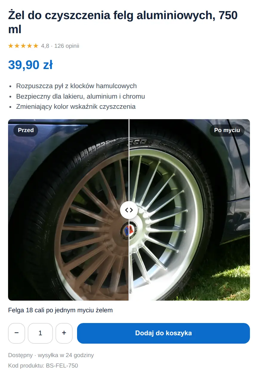 Karta produktu żelu do felg w sklepie ze środkami do auta: pod ceną suwak z felgą z osadem po klockach i czystą felgą, podpis „Felga 18 cali po jednym myciu żelem”.