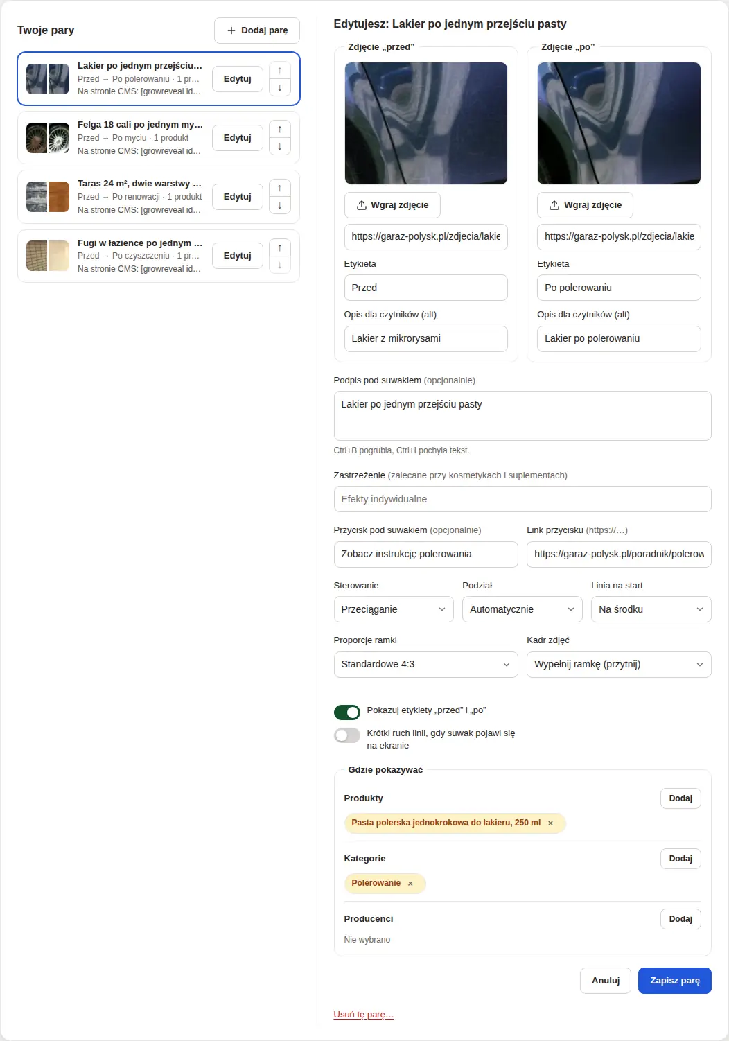 Panel, zakładka Pary: lista par i edytor z podpisem, przyciskiem i przypisaniami.