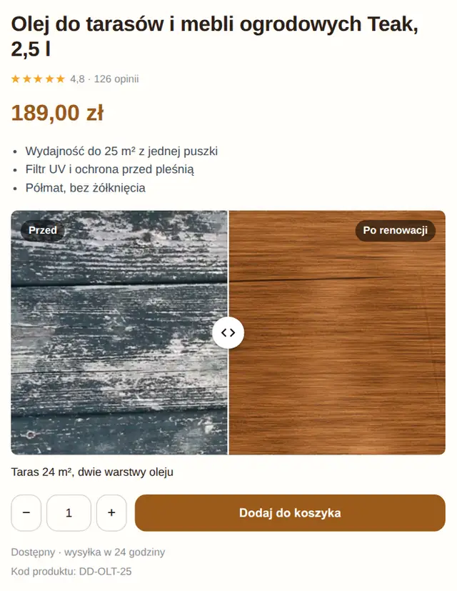 Karta produktu z suwakiem nad przyciskiem koszyka.