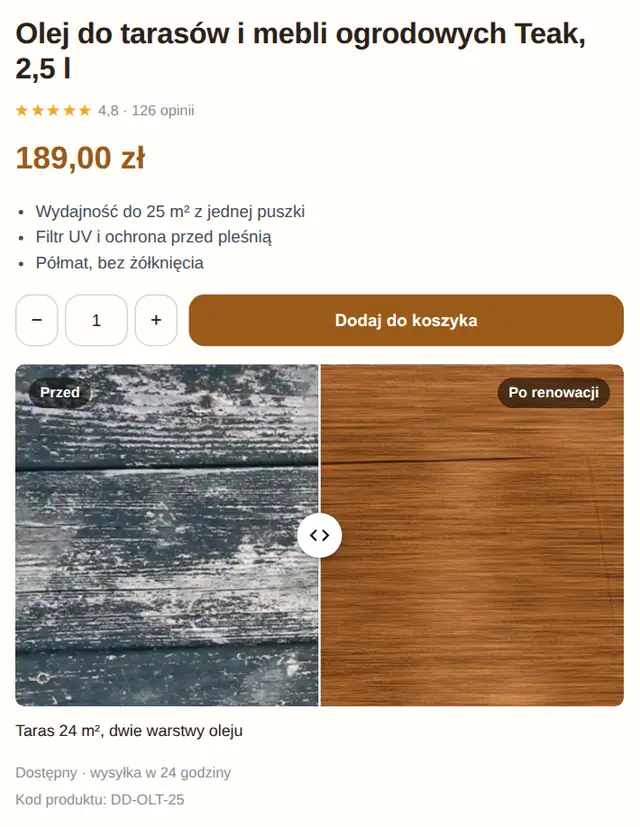 Karta produktu z suwakiem pod przyciskiem koszyka.