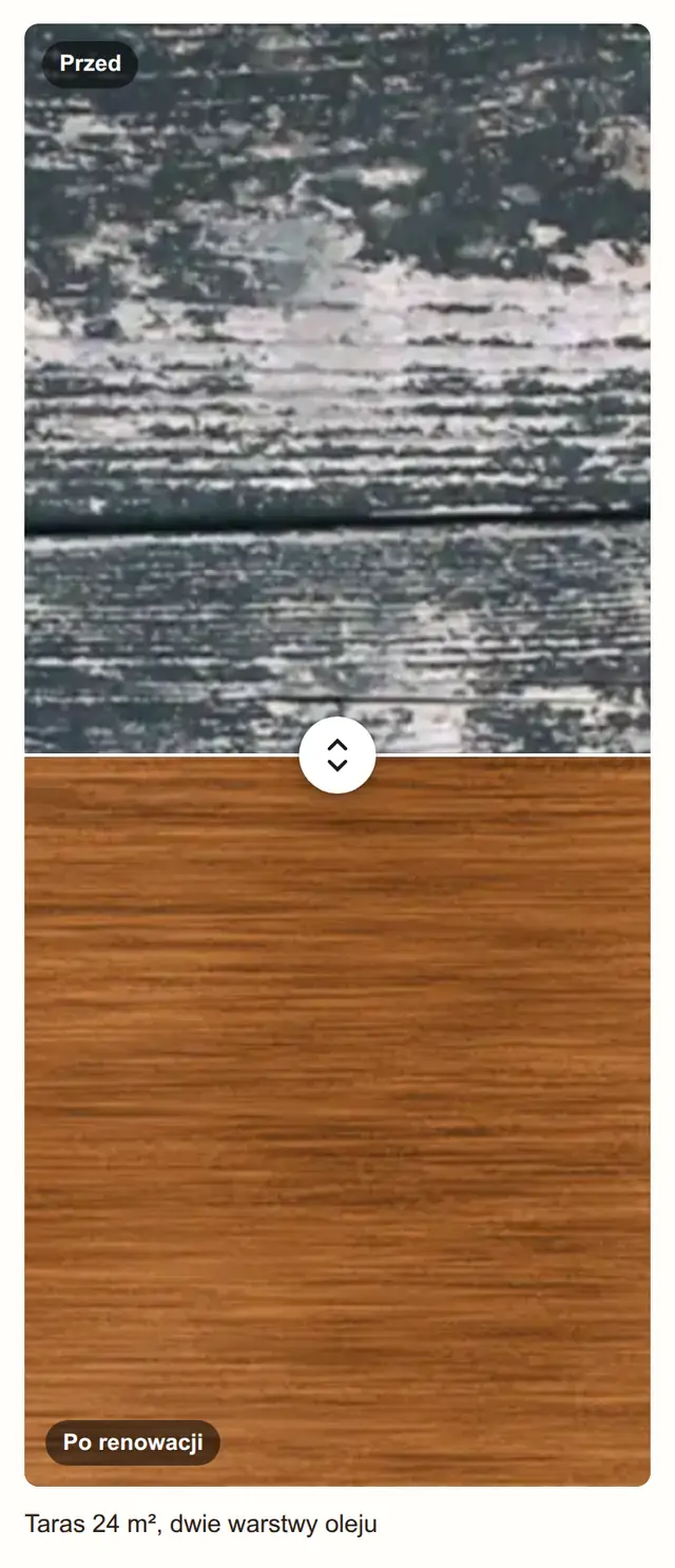 Karta produktu na telefonie z panoramą tarasu podzieloną w pionie.