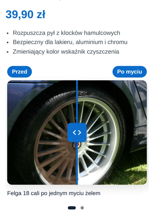 Karta produktu na telefonie z karuzelą dwóch suwaków.