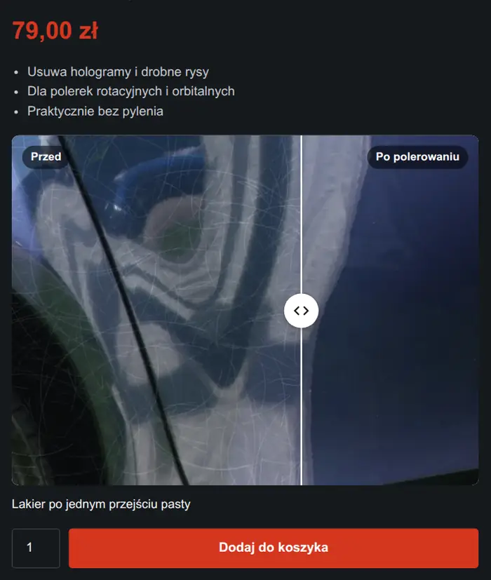Pasta polerska w ciemnym sklepie z detailingiem: uchwyt ze strzałkami.
