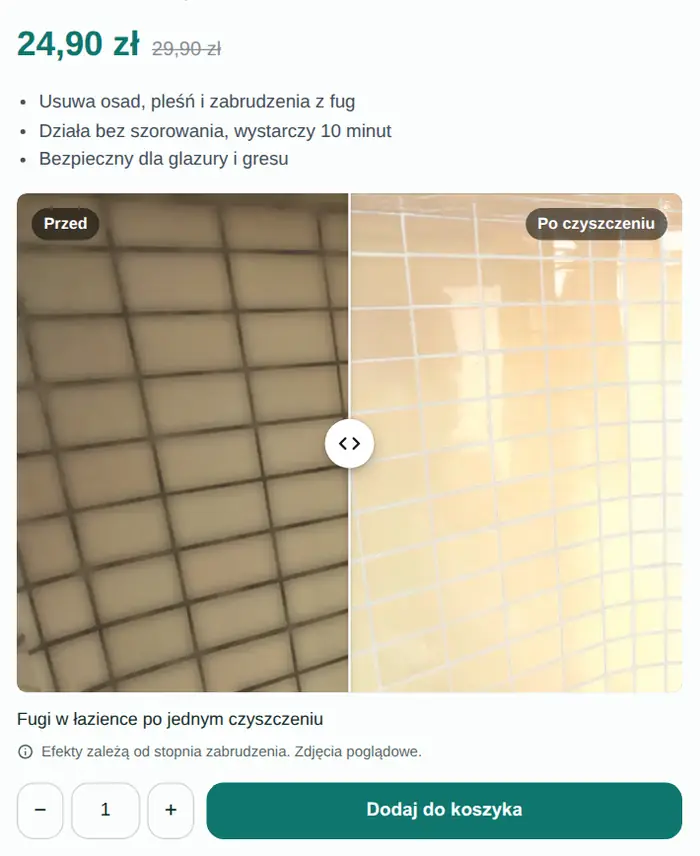 Żel do fug w sklepie z chemią domową: suwak we wzorze A z podpisem i zastrzeżeniem pod zdjęciem.