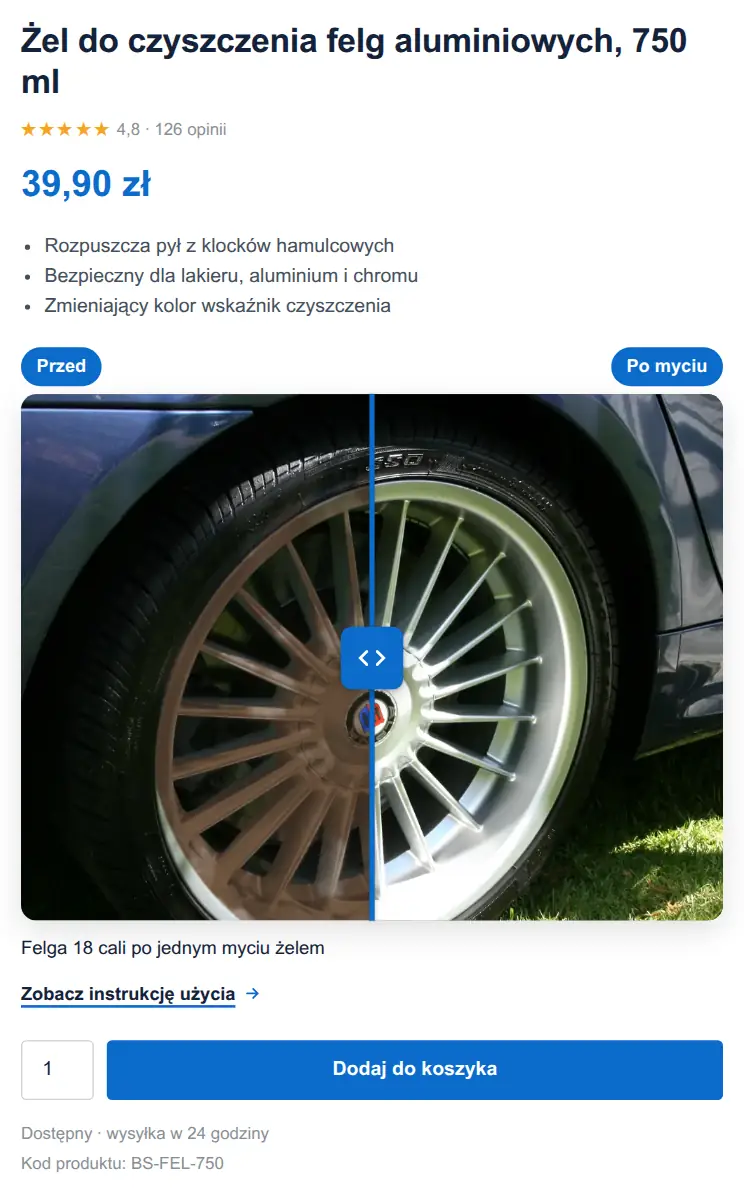 Strona produktu żelu do felg w szablonie RWD: suwak z felgą przed i po myciu oraz przycisk do instrukcji.