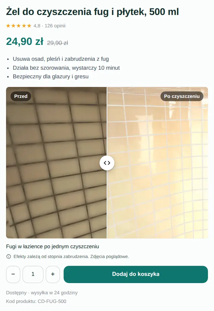 Strona produktu żelu do fug w sklepie z chemią domową w szablonie Storefront: suwak z fugami przed i po czyszczeniu pod ceną.