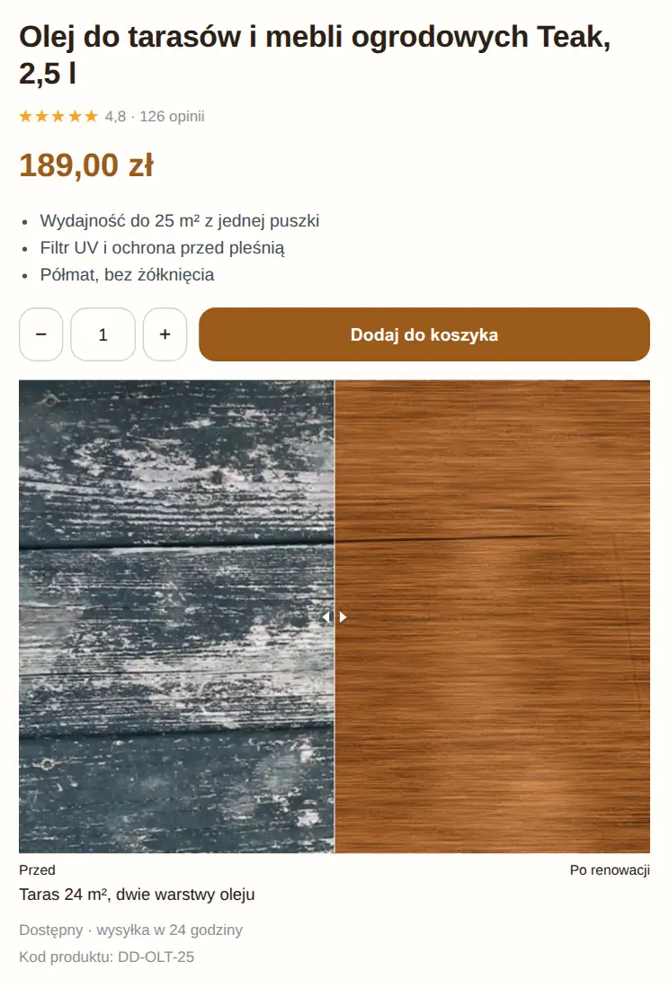 Strona produktu oleju do tarasów w szablonie Storefront: suwak z deskami przed i po renowacji pod koszykiem.